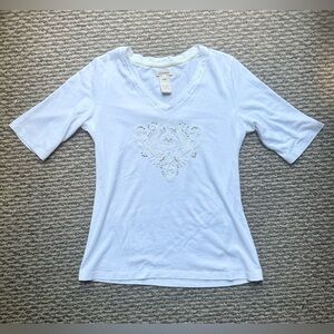 Sundance White Embroidered Jeweled Top | Size Small | Half Sleeve Modal Cotton